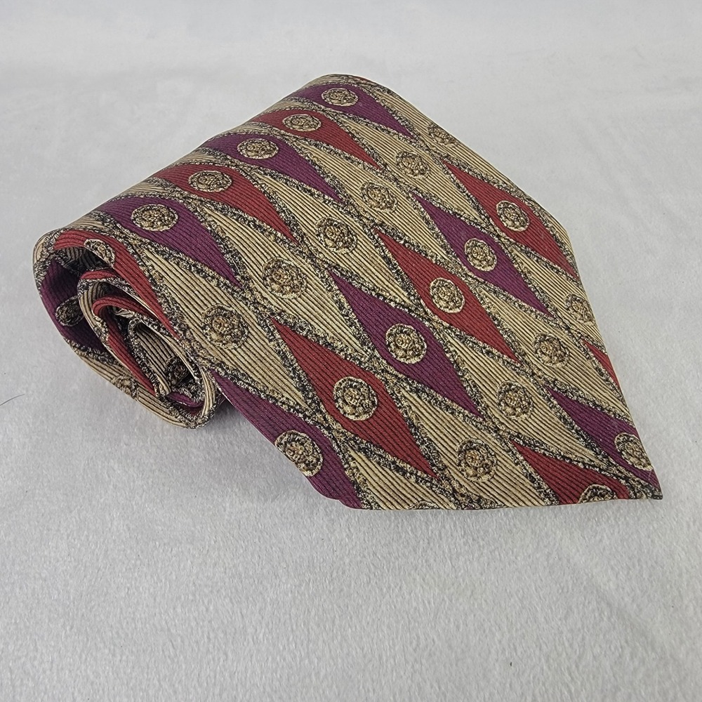 Handmade Italy Silk Necktie Burgundy Gold Geometric Diamond Medallion Tie
